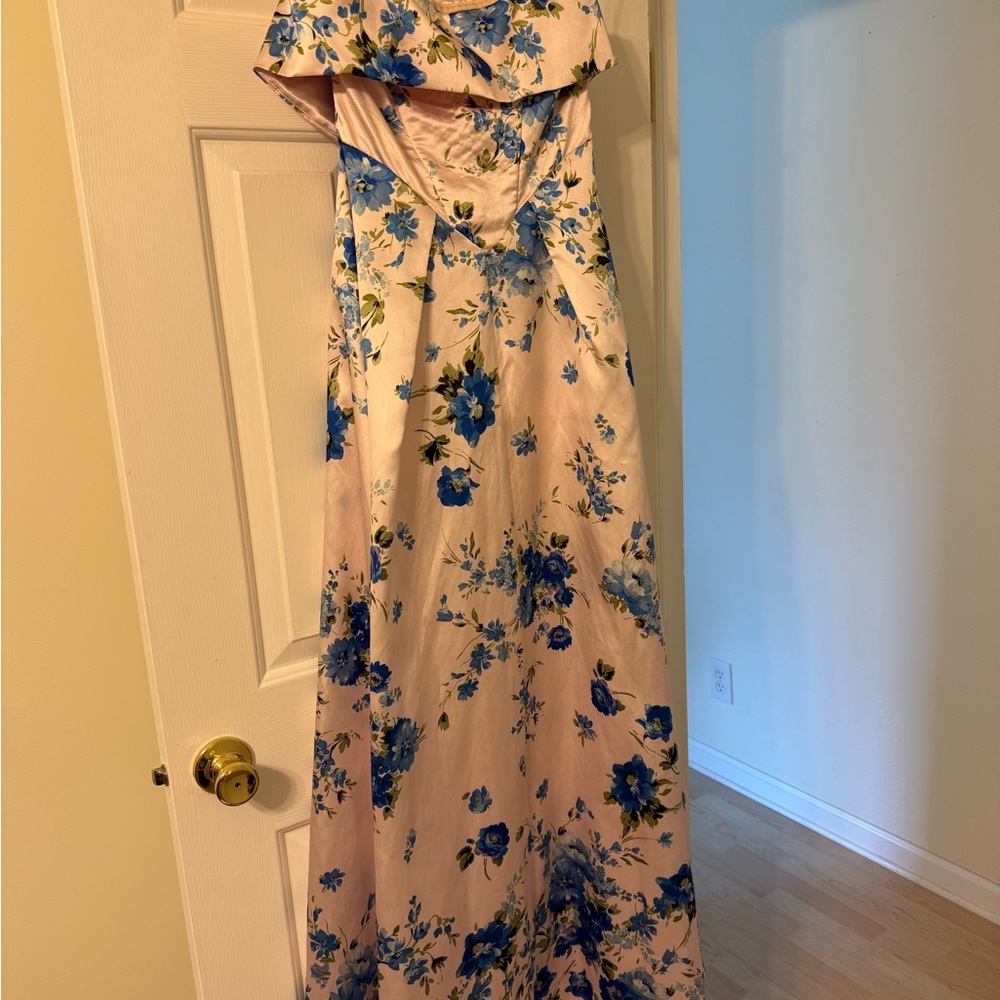 Blush Pink Satin Maxi Dress with Blue Floral Print